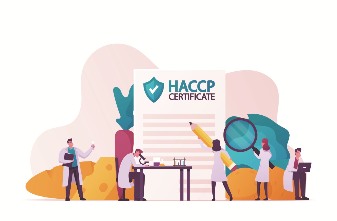 Varios científicos, una escribe en una hoja gigante del certificado HACCP, otra sujeta una lupa gigante, y otros dos investigan