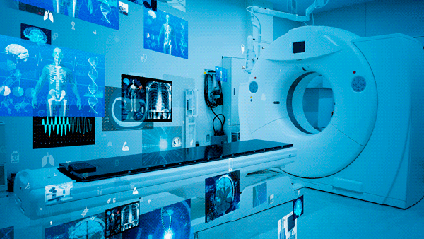 Material sanitario con imágenes médicas proyectadas y luz azul