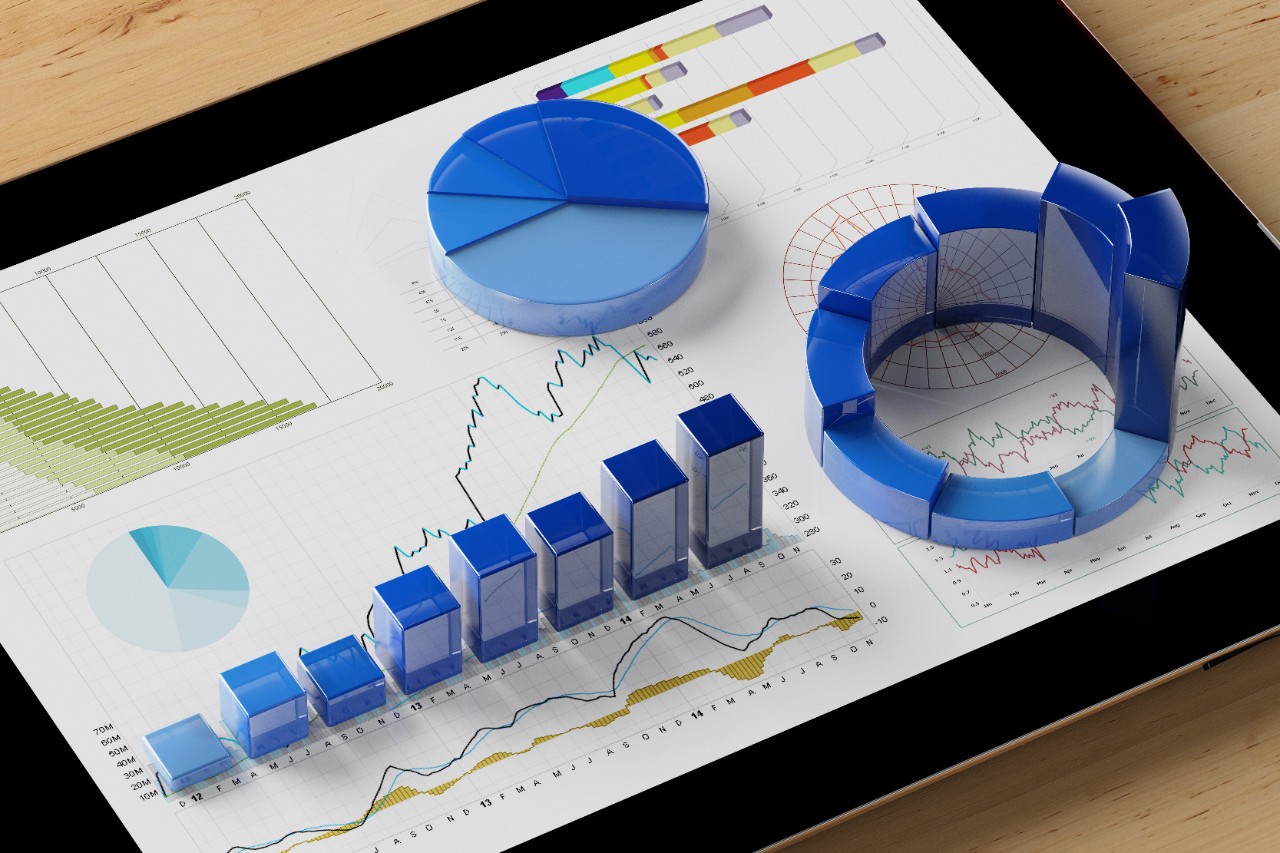 Diagram analysis with many colorful charts on a tablet computer (3D Rendering)