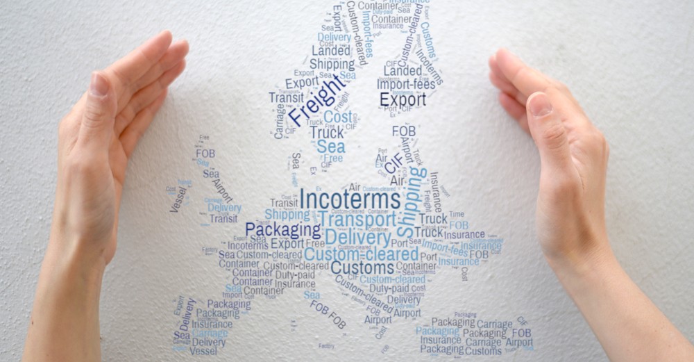 Incoterms transport freight word cloud between female hands on a white background
