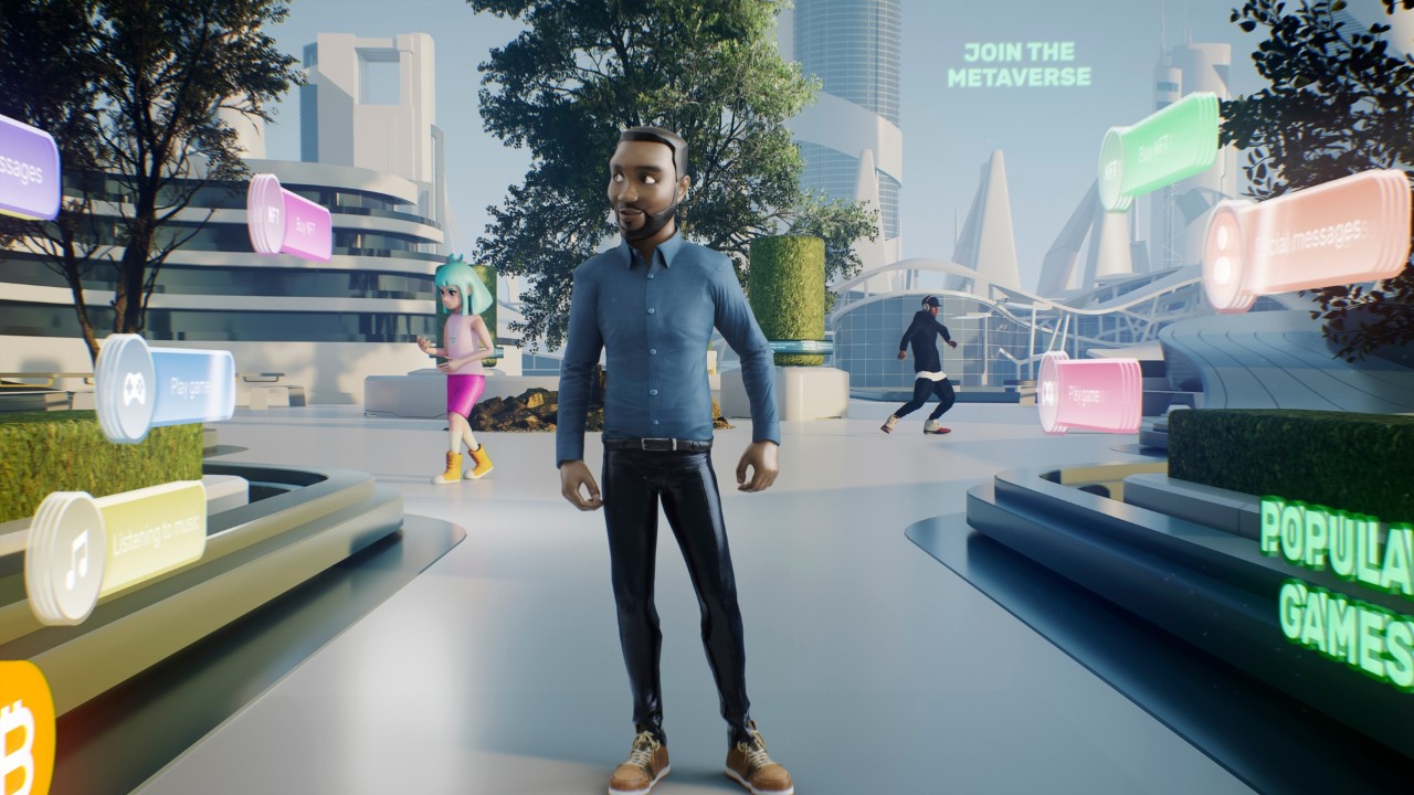 Varios avatares pasean en una recreación de una ciudad en la realidad virtual
