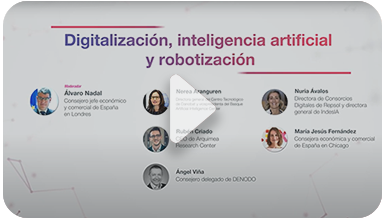 Carátula vídeo digitalización, inteligencia artificial y robotización con caras de personas en círculos