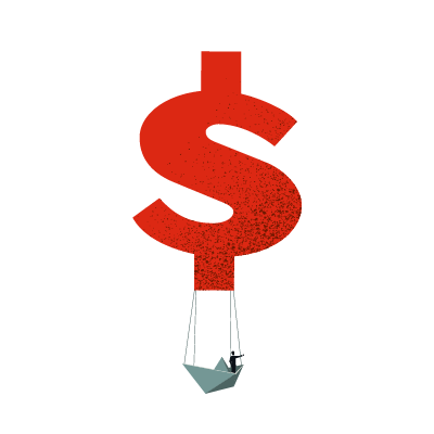 Un símbolo del dólar rojo sujeta un barco de papel.