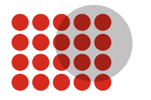 Cinco filas de círculos rojos pequeños delante de un círculo gris grande. Simbolizan el multilateralismo. 