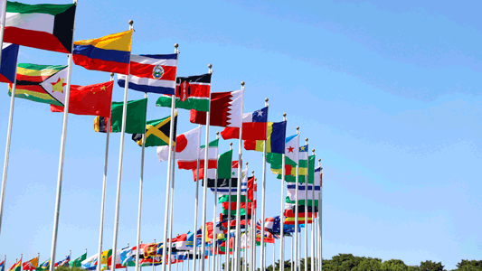 Mástiles blancos con banderas de todos los países del mundo, miembros de Naciones Unidas.