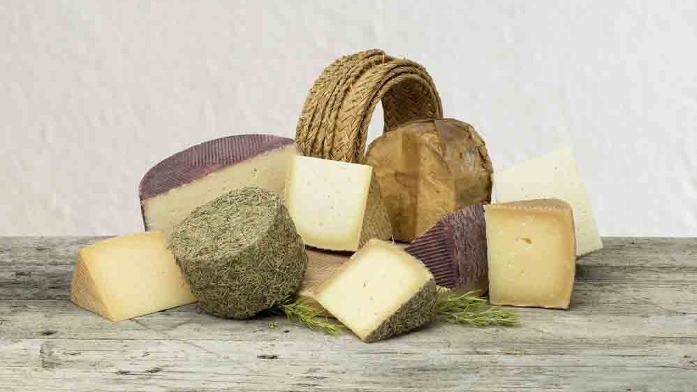 Bodegón con diferentes tipos de quesos cortados en cuñas