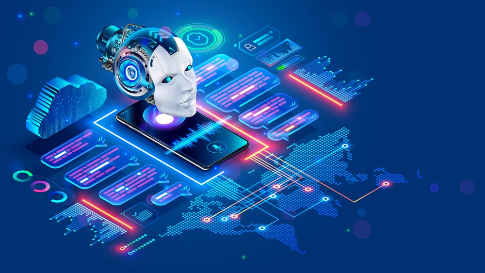 La cabeza de un robot emerge sobre un móvil en el que se está contestando a una consulta por voz