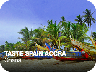 Taste Spain Accra. Ghana. Varios barcos tipo Kayak pero de madera colocados en la arena de playa, y detrás, una hilera de palmeras