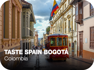 Un tranvía recorre una calle estrecha rodeada de edificios de fachadas clásicas. En la fachada de la derecha ondea la bandera de Colombia.